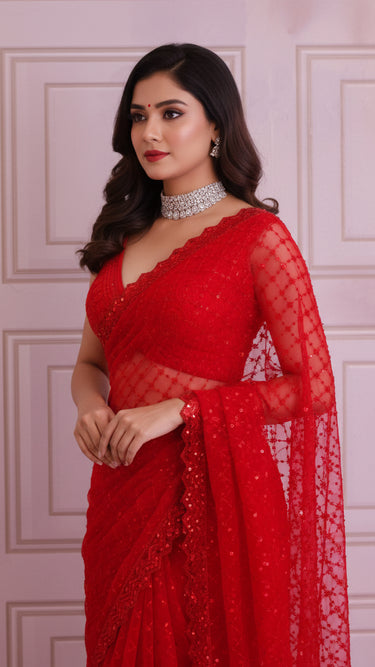 Red Net Handwork Saree Luxe