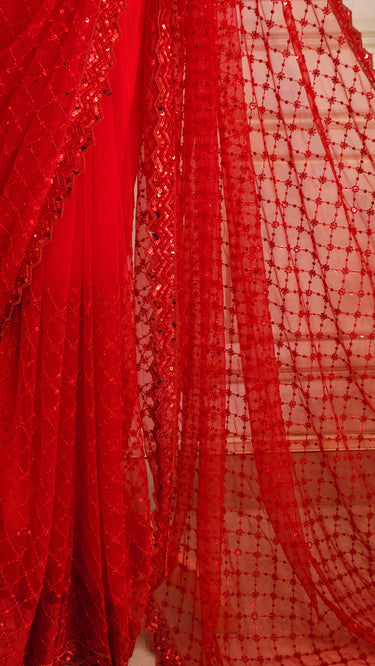 Red Net Handwork Saree Luxe