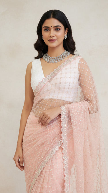 Peach Pink Net Handwork Saree Luxe
