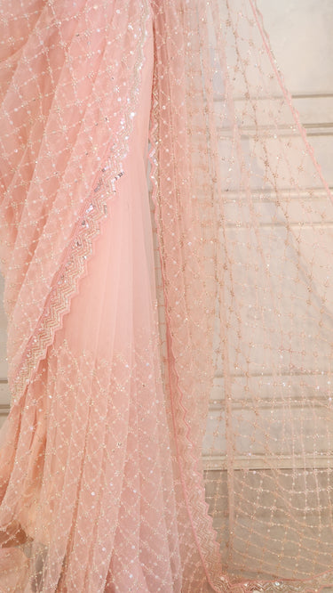 Peach Pink Net Handwork Saree Luxe