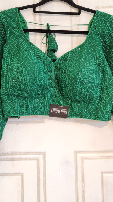 Full Sleeve Chikankari Boutique Blouse in Green
