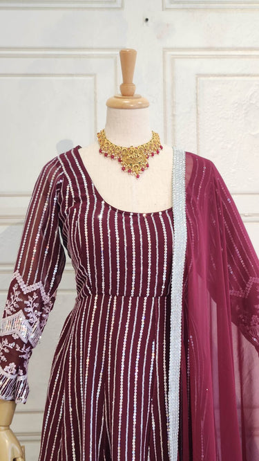 Wine Sequence Thread Embroidered Boutique Anarkali