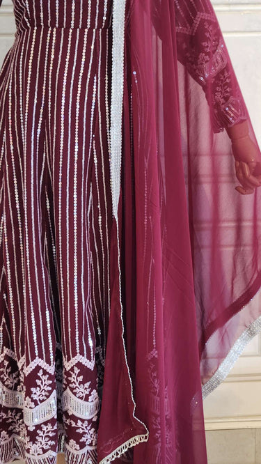 Wine Sequence Thread Embroidered Boutique Anarkali