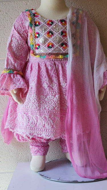 Pink Multi Resham Chikankari Kurti Set for Girls