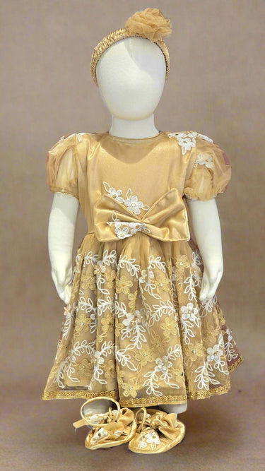 Golden Pasni Frock for Baby Girl With Hair Band and Shoes