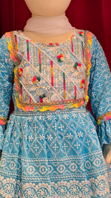 Turquoise Multi Resham Chikankari Kurti Set for Girls