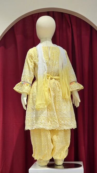 Yellow Multi Resham Chikankari Kurti Set for Girls