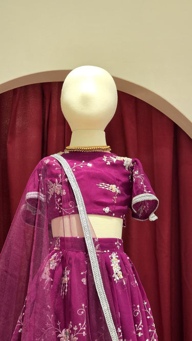 Girls Purple Thread and Sequin Embroidered Lehenga