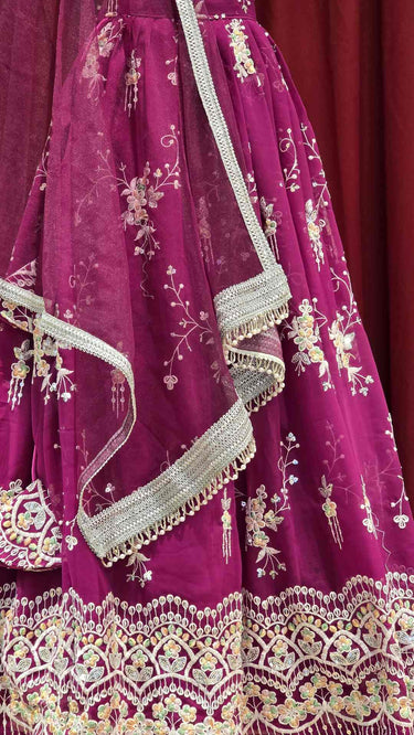 Girls Purple Thread and Sequin Embroidered Lehenga