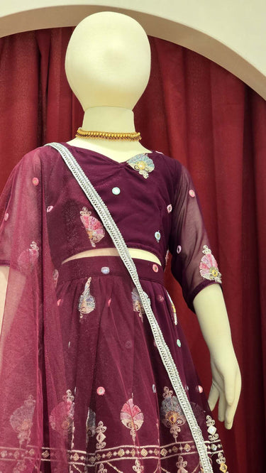 Girls Purple Multicolor Thread and Sequin Embroidered Lehenga
