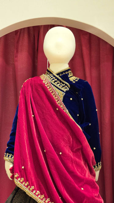 Girls Blue and Red Velvet Ethnic Lehenga with Handwork