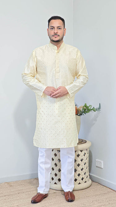 Mens Silk Kurta with Banarashi Butti in Gold