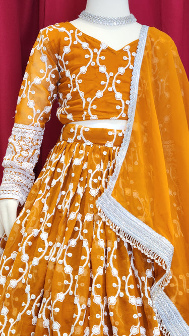 Girls Mustard Brown Lehenga with Boutique Blouse and Shawl