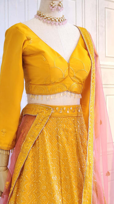 Mustard Sequin work Mandala pattern Lehenga with Blouse and Dupatta