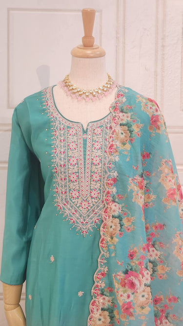 Aqua Kurti Set with Floral Shawl