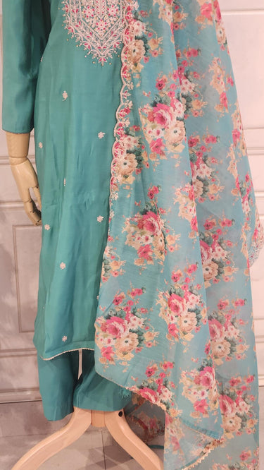 Aqua Kurti Set with Floral Shawl