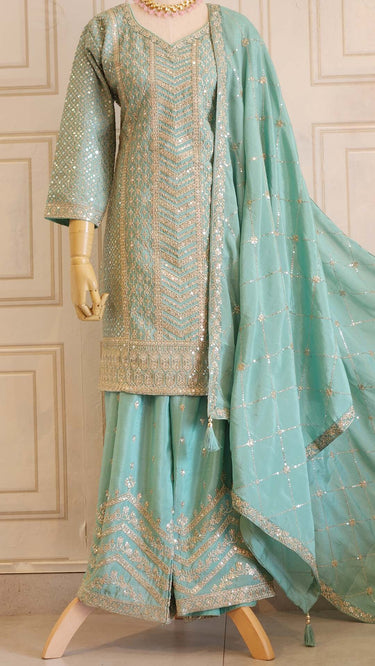 Aquamarine Green Sequin and Threadwork  Sharara Set