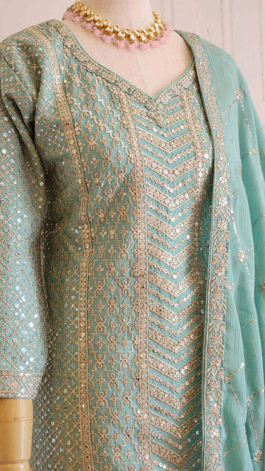 Aquamarine Green Sequin and Threadwork  Sharara Set