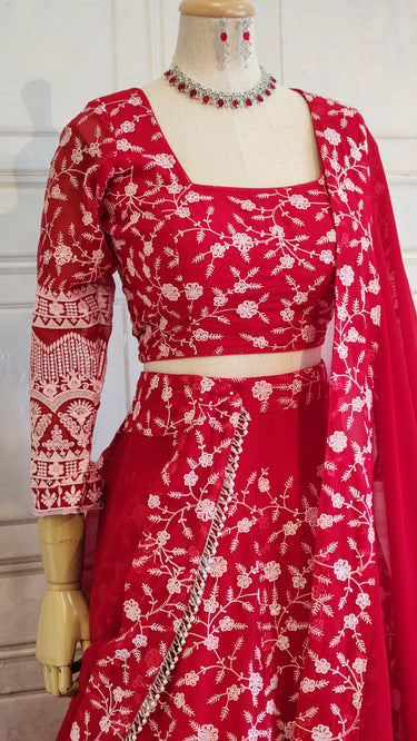 Red Thread Embroidered Lehenga With Boutique Blouse and Dupatta
