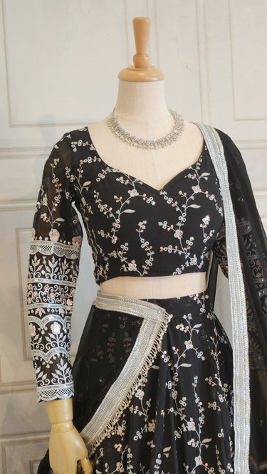 Black Thread & Sequin Embroidered Lehenga with Boutique Blouse and Shawl