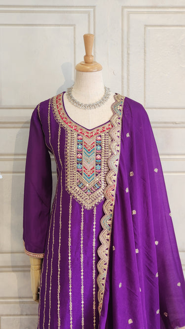 Purple Sequin and Threadwork Sharara Set