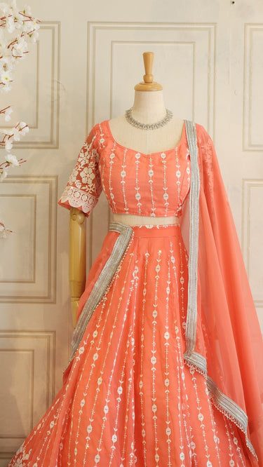 Peach Pink Thread & Sequin Embroidered Lehenga with Boutique Blouse and Shawl