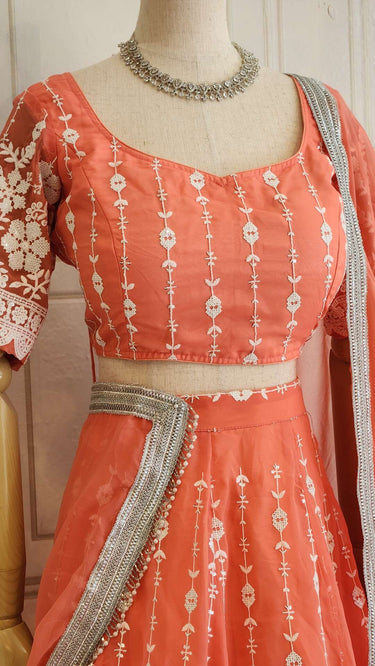 Peach Pink Thread & Sequin Embroidered Lehenga with Boutique Blouse and Shawl