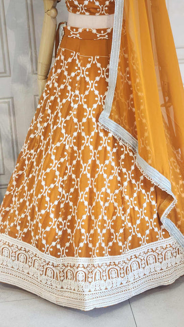 Mustard Yellow Thread & Sequin Embroidered Lehenga with Boutique Blouse and Shawl