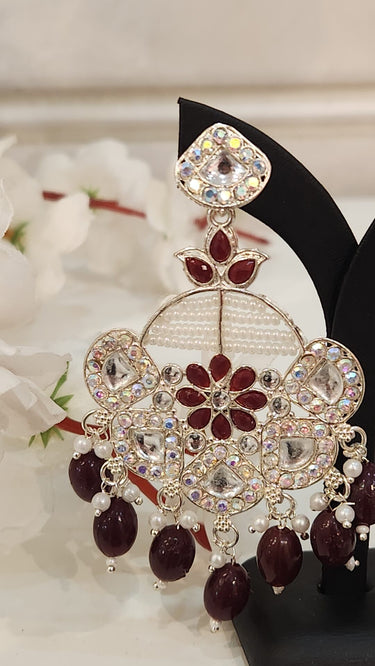 Silver Stone Earrings with Beads Maroon
