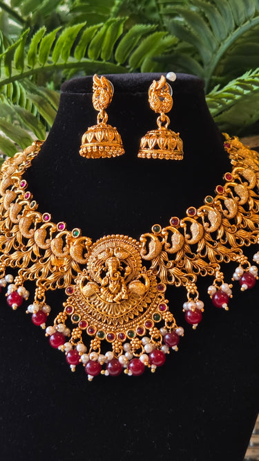 Brass Temple Jewellery Necklace with Earrings Mangala