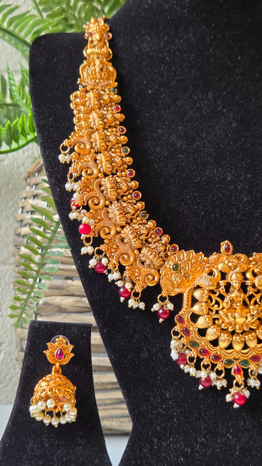 Brass Temple Pearl Long Necklace with Earrings Aaradhya
