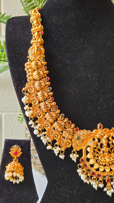 Brass Temple Pearl Long Necklace with Earrings Punya