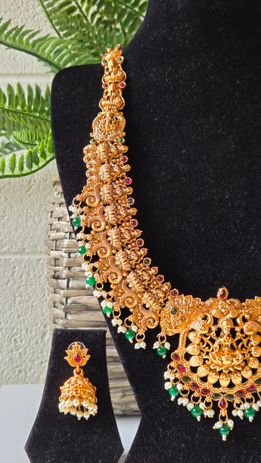 Brass Temple Pearl Long Necklace with Earrings Moksha