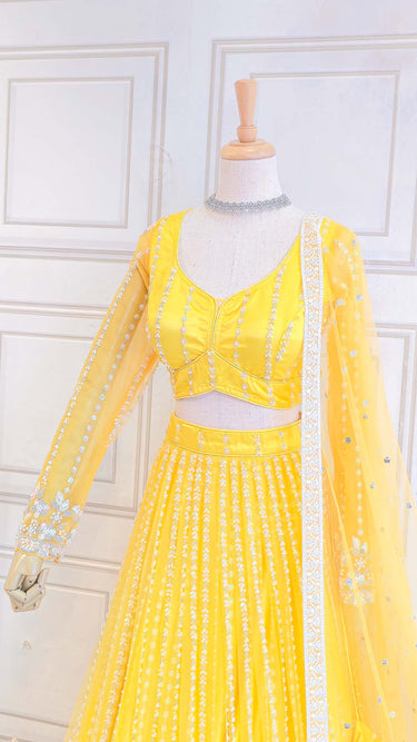 Yellow Pearl and Beads Handembroidered Lehenga Panache