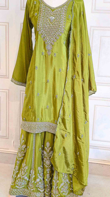 Mehendi Green V Neck Hand Embroidered Kurti Suit