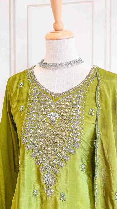 Mehendi Green V Neck Hand Embroidered Kurti Suit