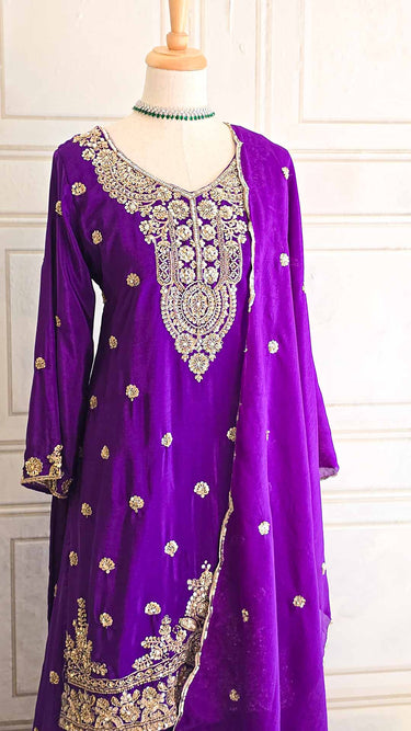 Purple V Neck Hand Embroidered Kurti Suit
