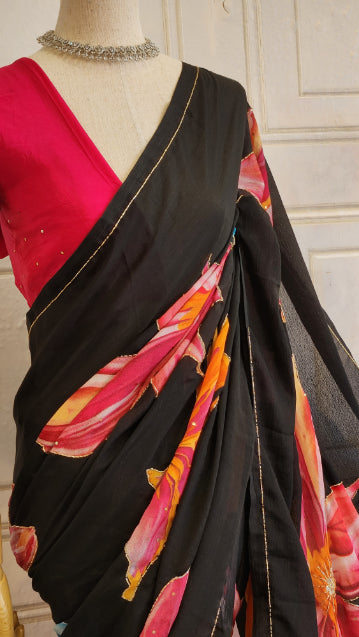 Chiffon Saree with Floral Handwork