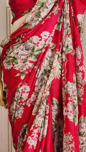 Chinon Chiffon Saree with Floral Handwork