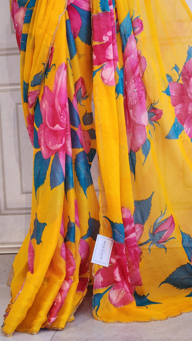 Chiffon Saree with Floral Handwork