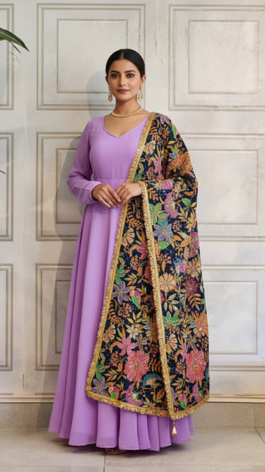 Plain Anarkali with chudidar and Threadwork Shawl