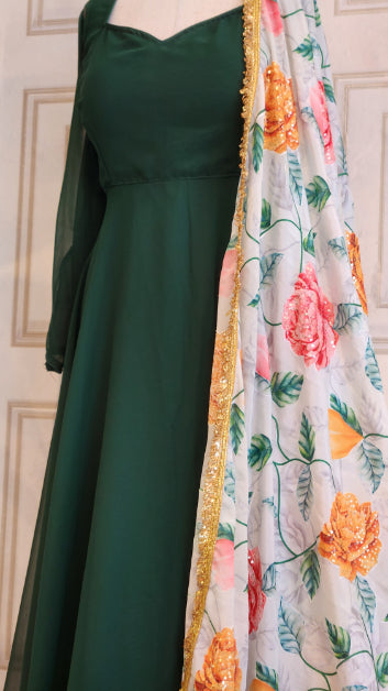 Plain Anarkali with chudidar and Threadwork Shawl