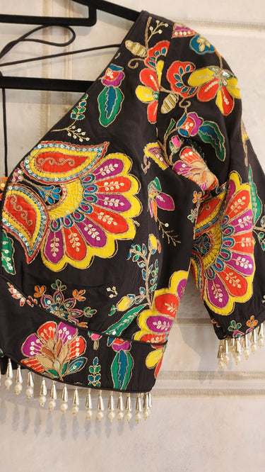 Multicolor Half Sleeve Paisley Blouse in Black Base
