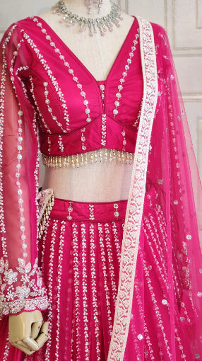 Hot Pink Pearl and Beads Handembroidered Lehenga Panache