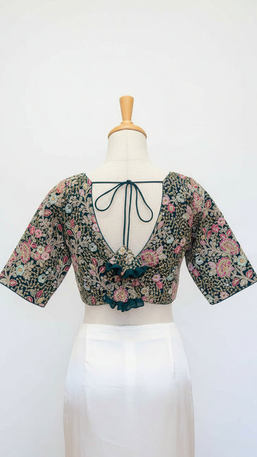 Multicolor Half Sleeve Blouse in Green Base