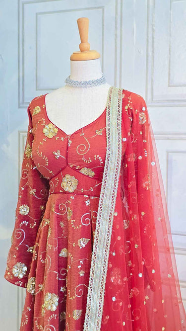 Rust Handwork Anarkali with Churidar and Shawl