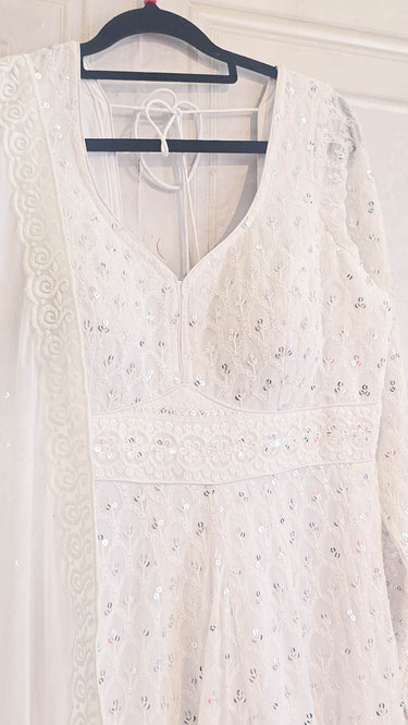 White Motif Threadwork Anarkali with Chudidar and Shawl