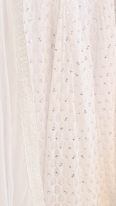 White Motif Threadwork Anarkali with Chudidar and Shawl