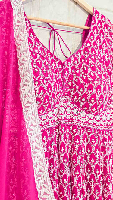 Rani Pink Motif Sleeveless Anarkali with Chudidar and Shawl