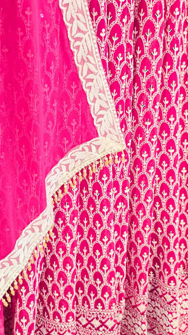 Rani Pink Motif Sleeveless Anarkali with Chudidar and Shawl